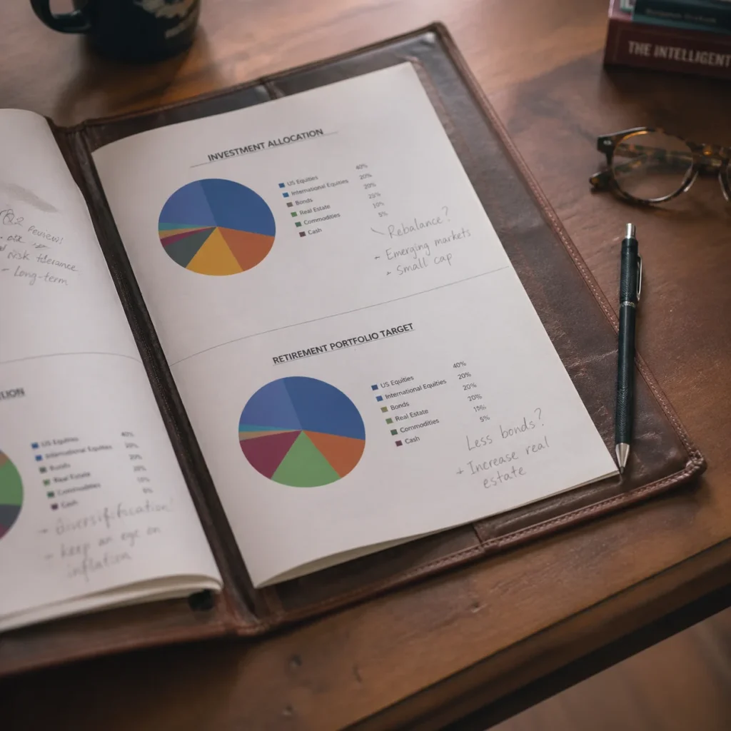 Printed asset allocation charts with handwritten notes inside a leather portfolio folder on a wooden desk
