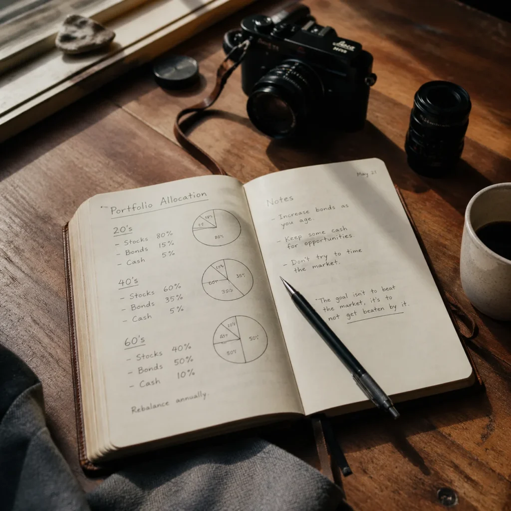 Handwritten asset allocation notes with age milestone charts in a leather notebook on a wooden desk