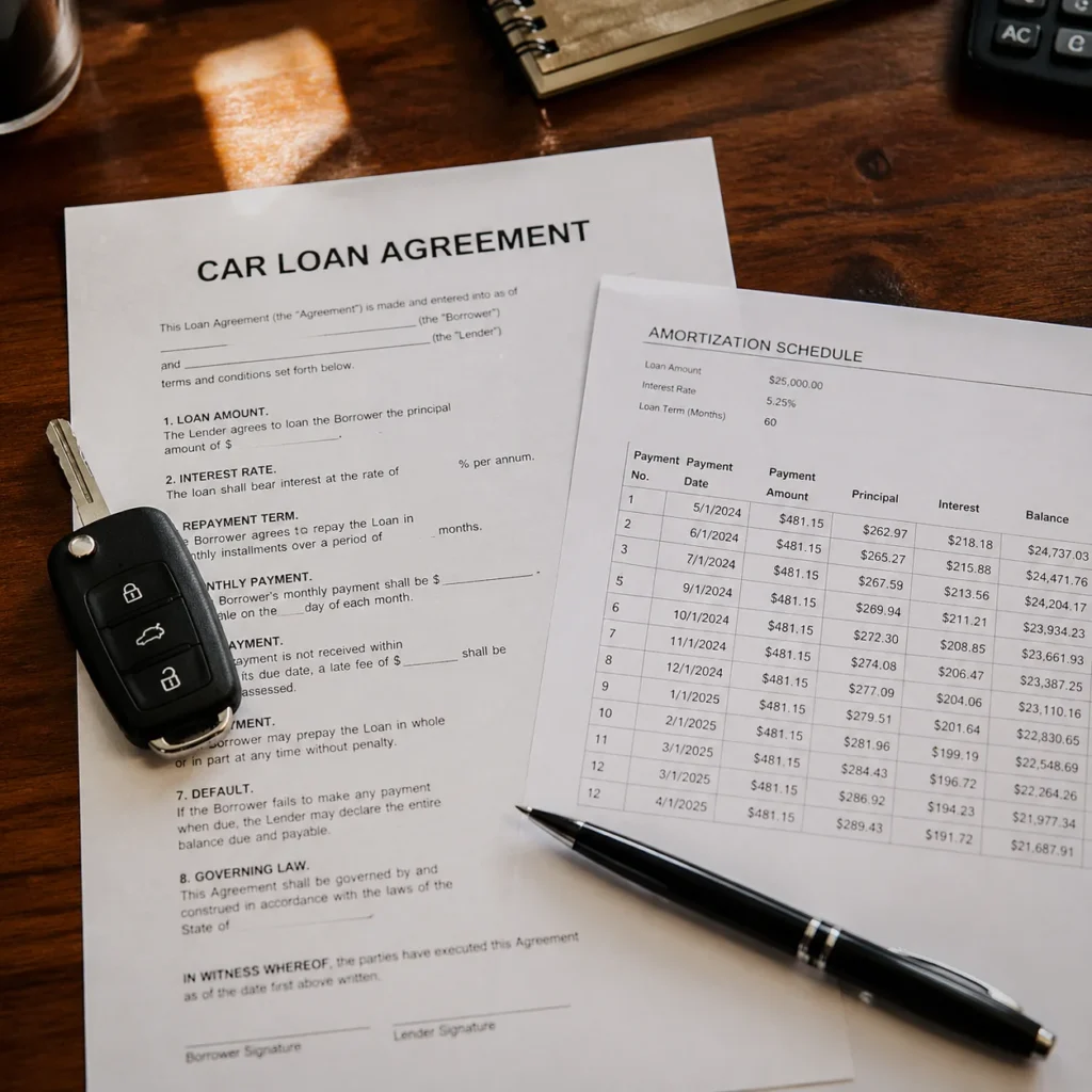 Car key resting on an auto loan agreement document with an amortization schedule and pen on a wooden desk