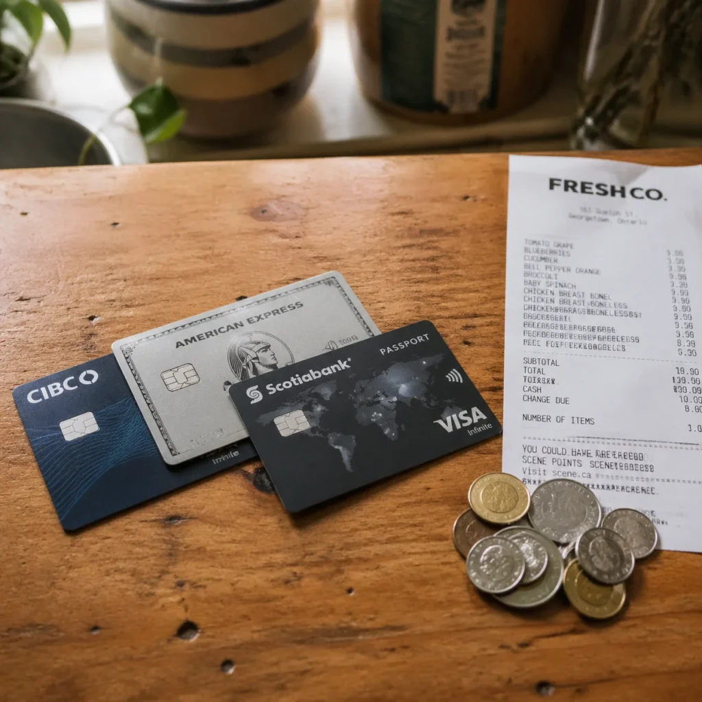 Three cashback credit cards fanned out on a kitchen countertop next to a grocery receipt and coins
