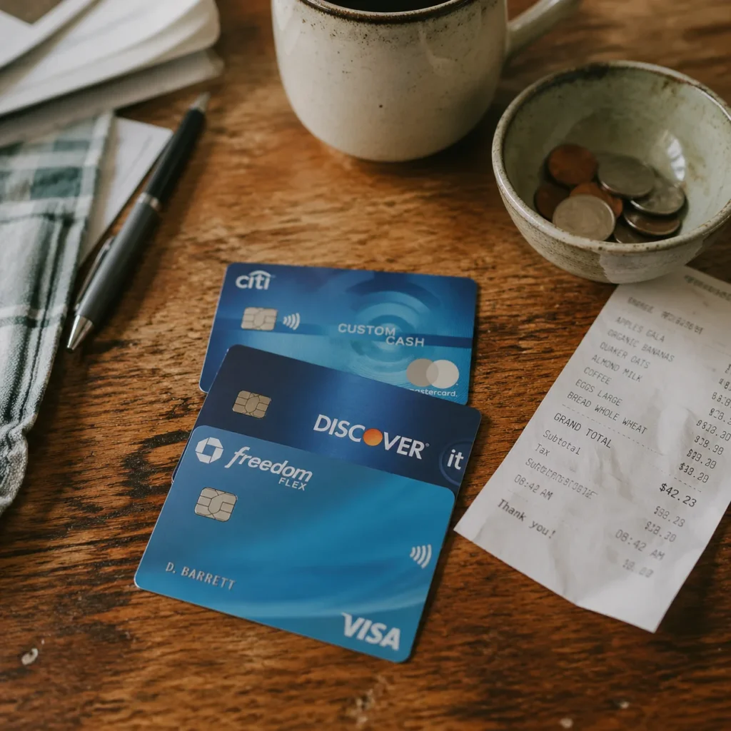 Three cashback credit cards fanned out next to a grocery receipt on a kitchen table