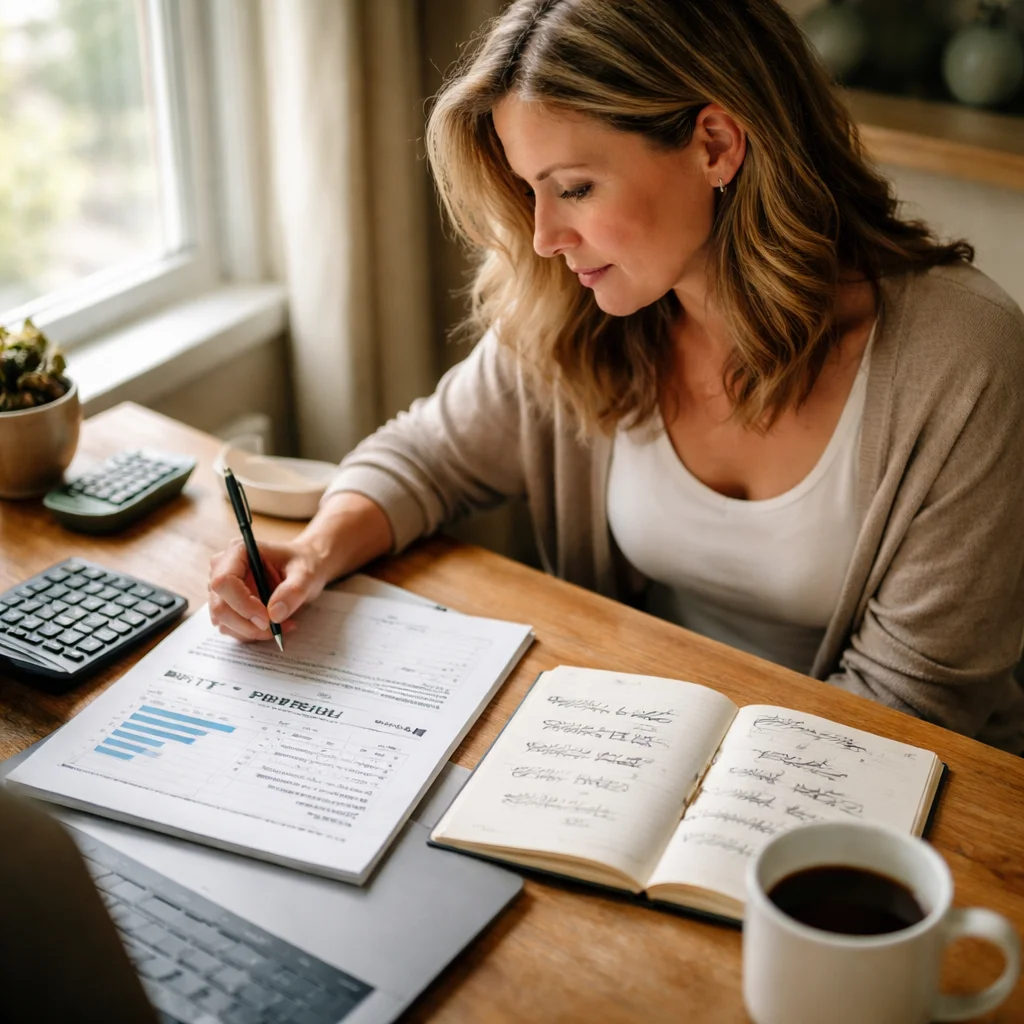 Printed ETF portfolio statement on a wooden desk with a calculator and handwritten allocation notes