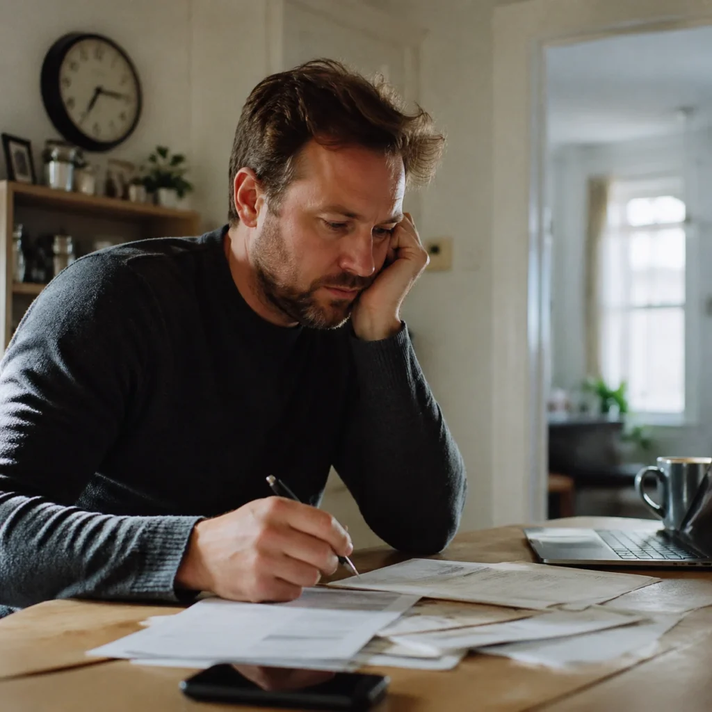 Handwritten budget notebook with US dollar bills on a wooden table, planning an emergency fund