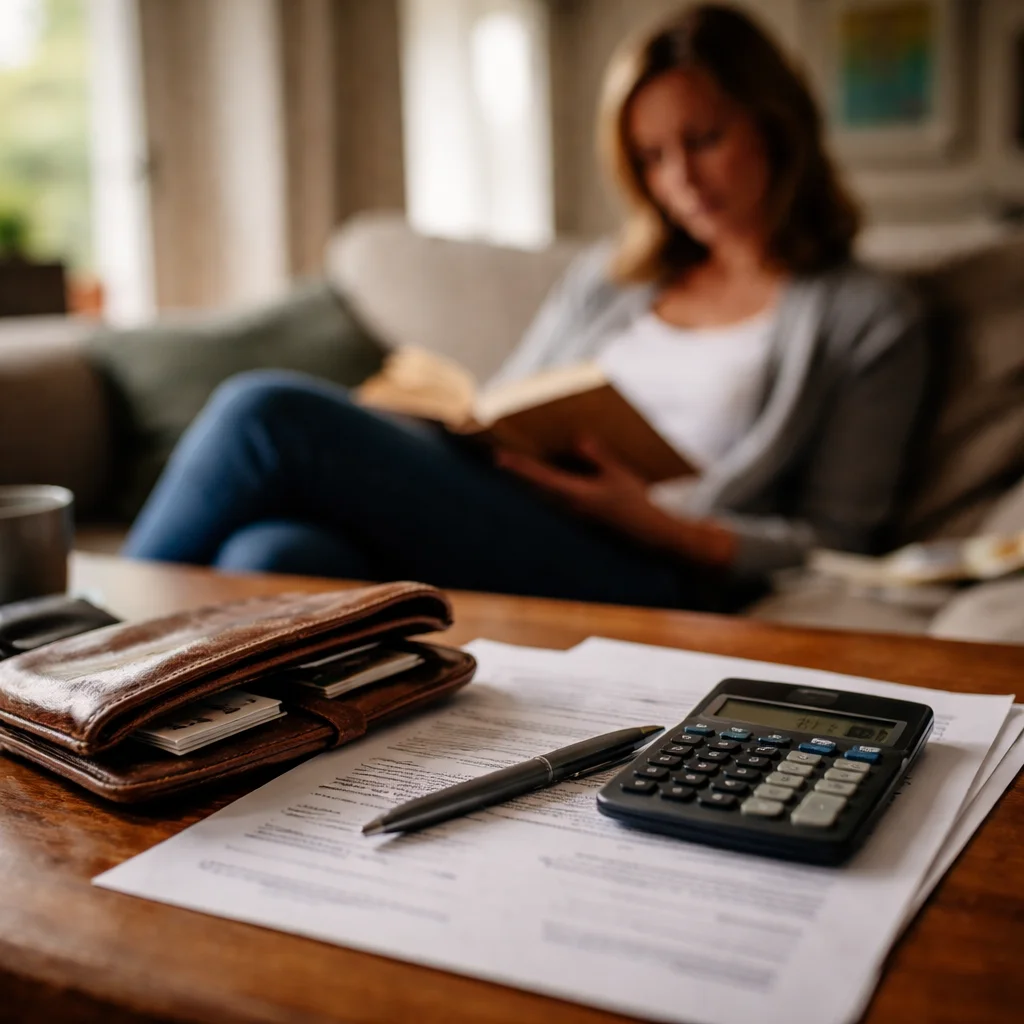 Open wallet next to a credit card statement and calculator showing APR interest calculations on a wooden desk