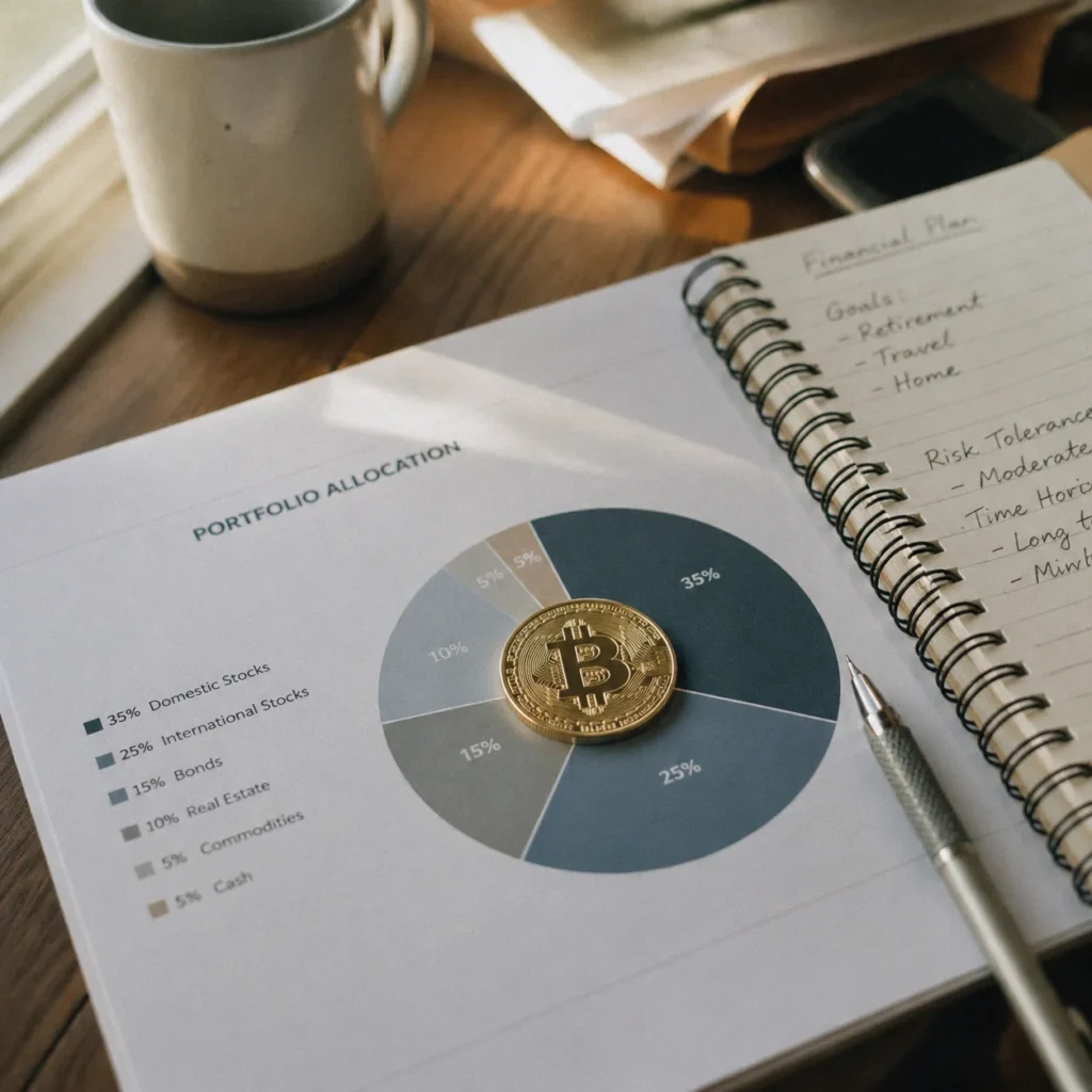 Bitcoin coin resting on a printed portfolio allocation chart on a wooden desk