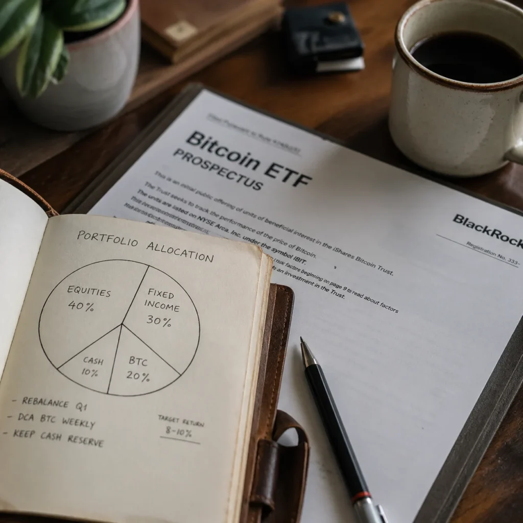 Hand-drawn portfolio pie chart in a leather notebook beside a Bitcoin ETF prospectus on a wooden desk