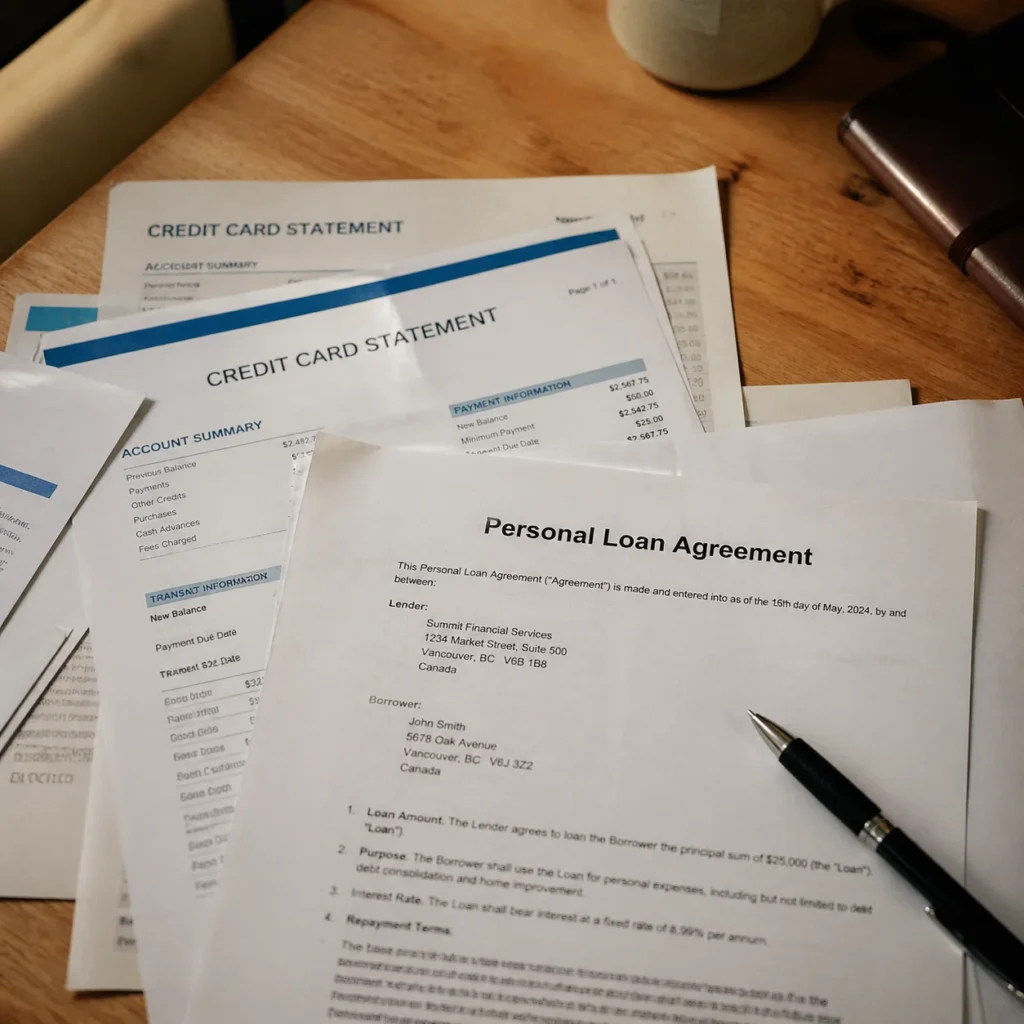 Credit card statements and a debt consolidation loan document spread on a wooden desk