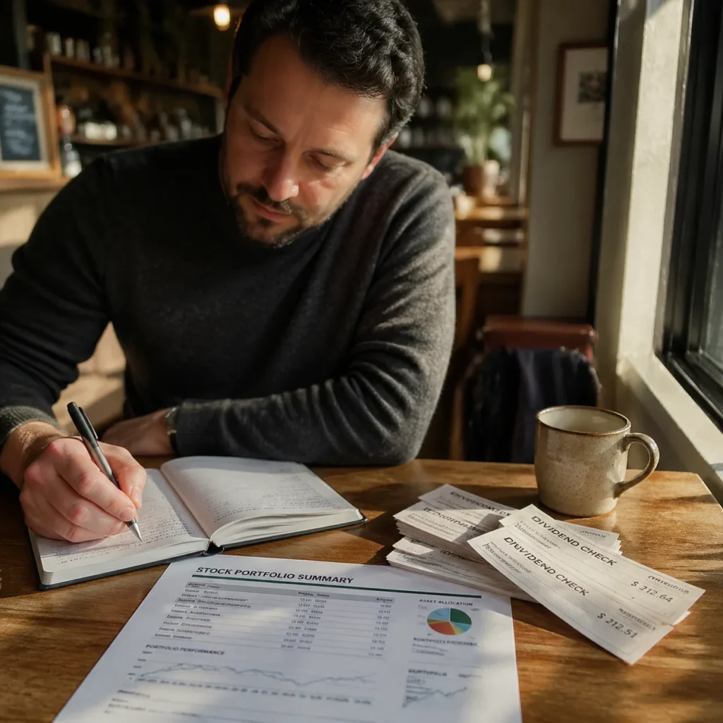 Printed dividend portfolio summary and check stubs on a wooden desk with morning light