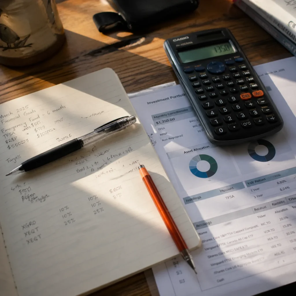 Investment spreadsheet and calculator on wooden desk comparing dollar cost averaging vs lump sum investing strategies