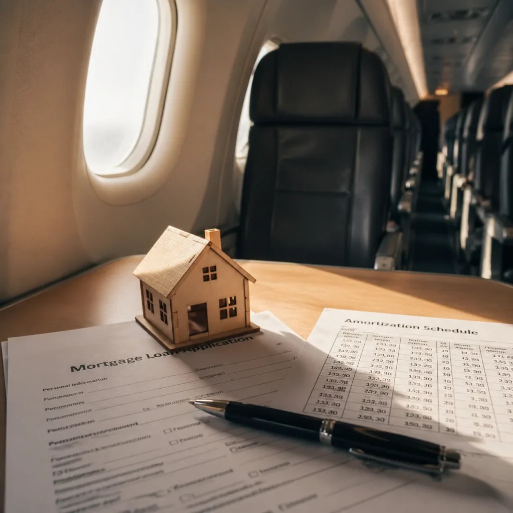 Wooden model house resting on FHA and conventional mortgage loan documents on a desk