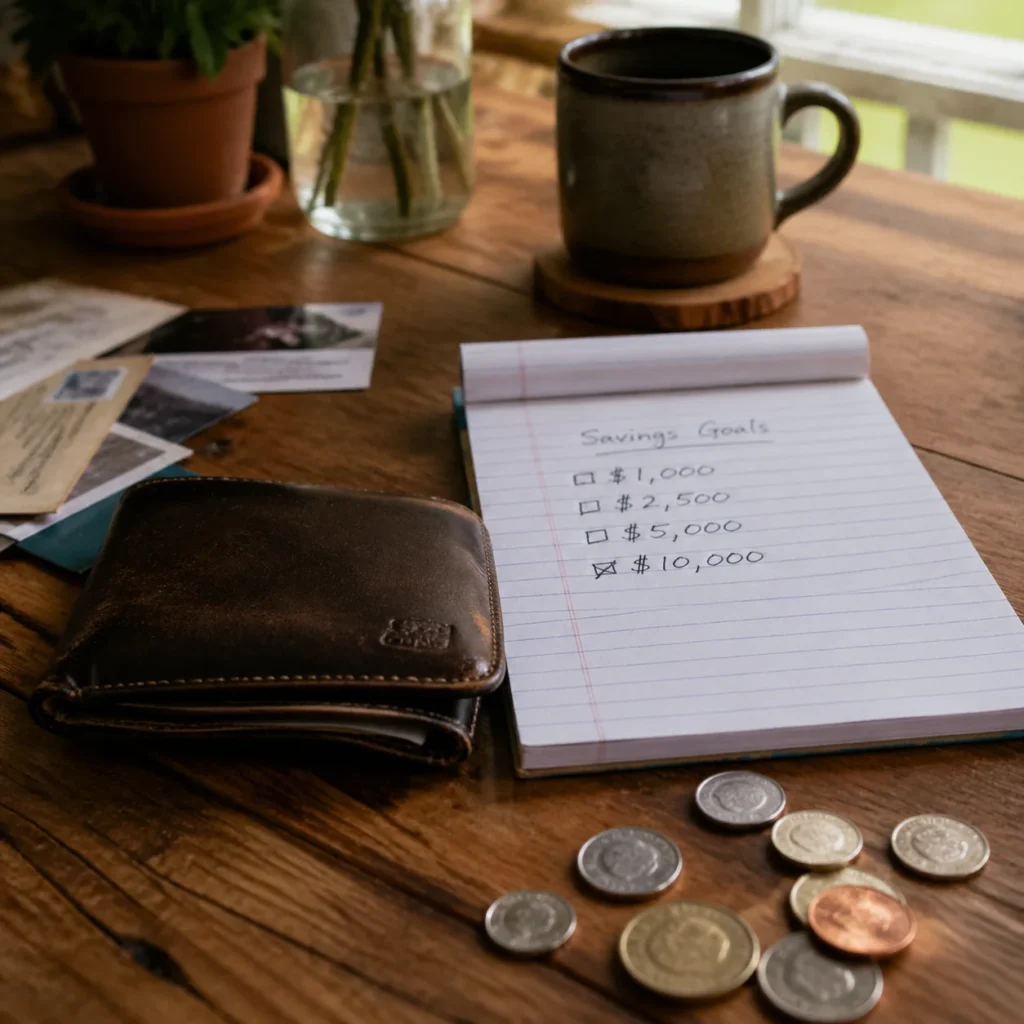 Leather wallet and handwritten financial goals notepad on a wooden table with natural light