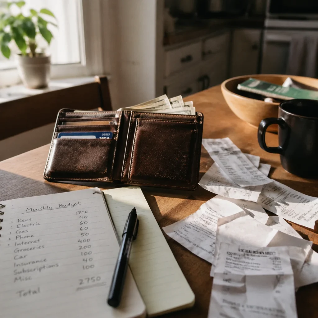 Open leather wallet with receipts and a handwritten budget notebook on a wooden table illustrating financial literacy basics