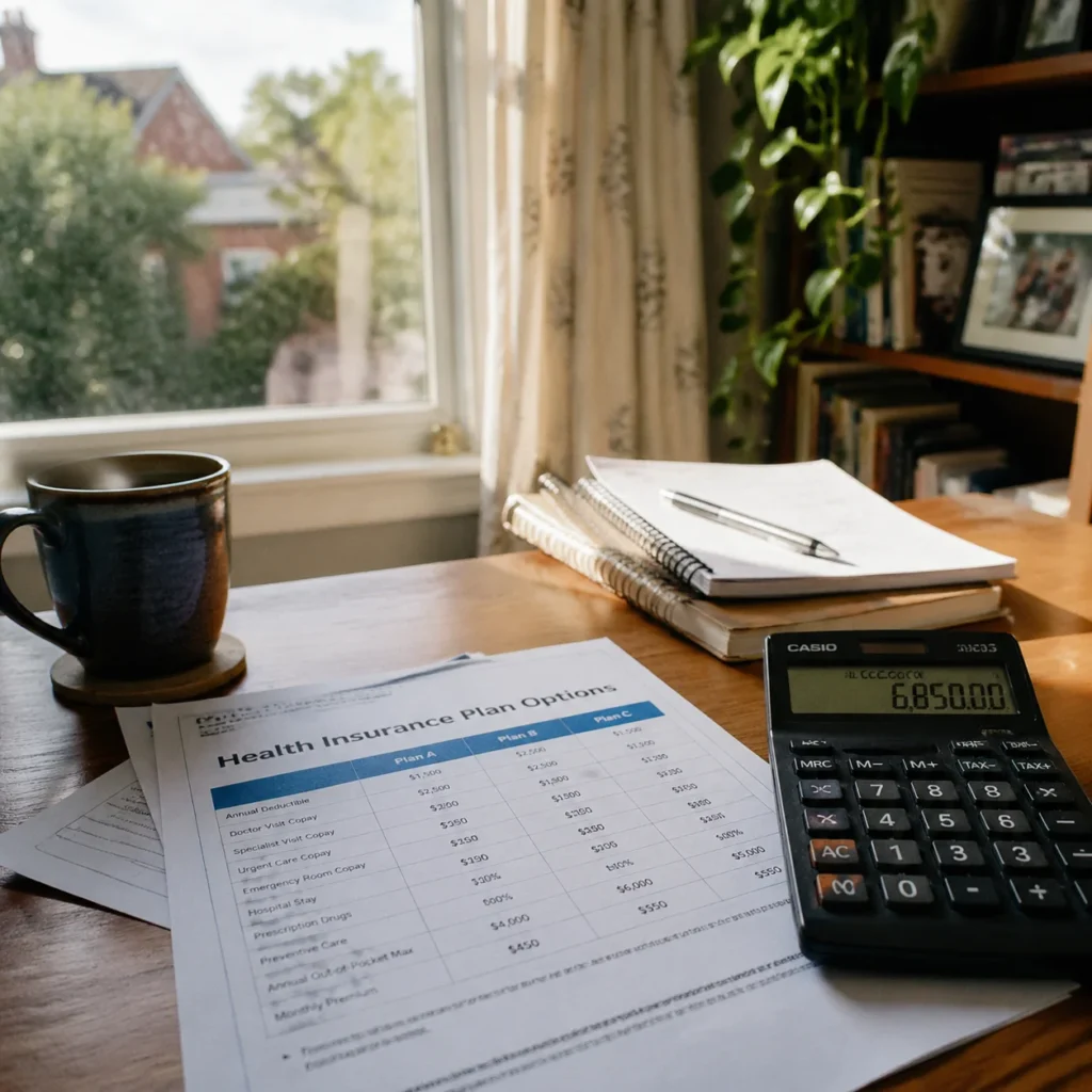 Health insurance plan documents and calculator on a wooden desk showing annual cost comparison