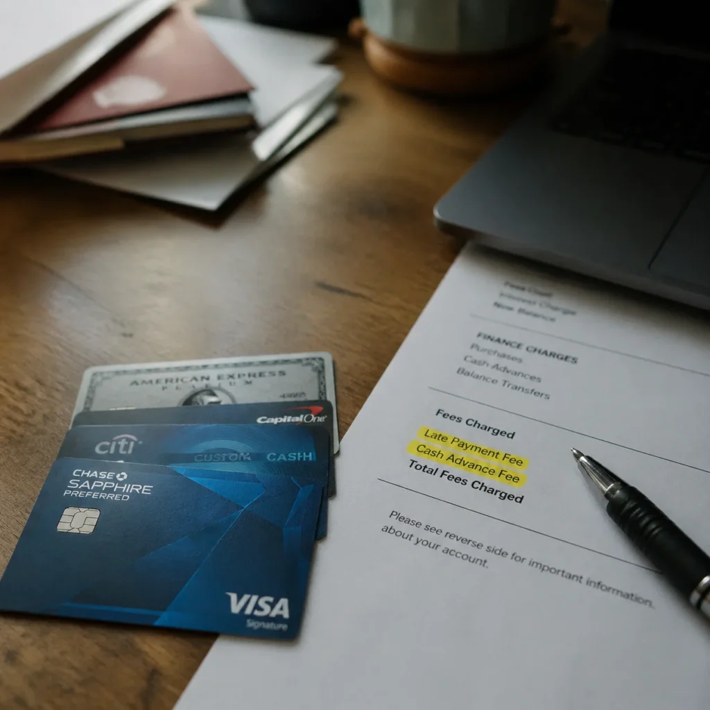 Credit cards fanned on a desk next to a printed statement highlighting hidden fees