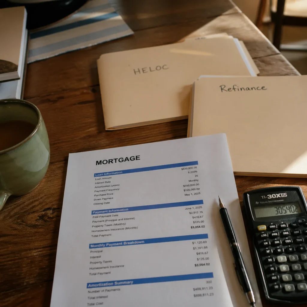 Mortgage documents for HELOC and cash-out refinance comparison on a wooden desk with calculator