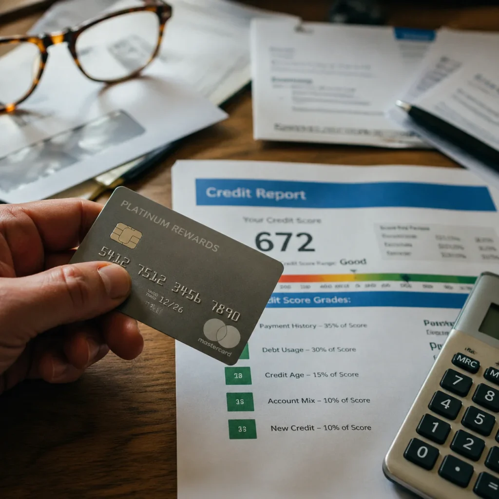Hand holding a credit card over a printed FICO credit report and calculator on a wooden desk