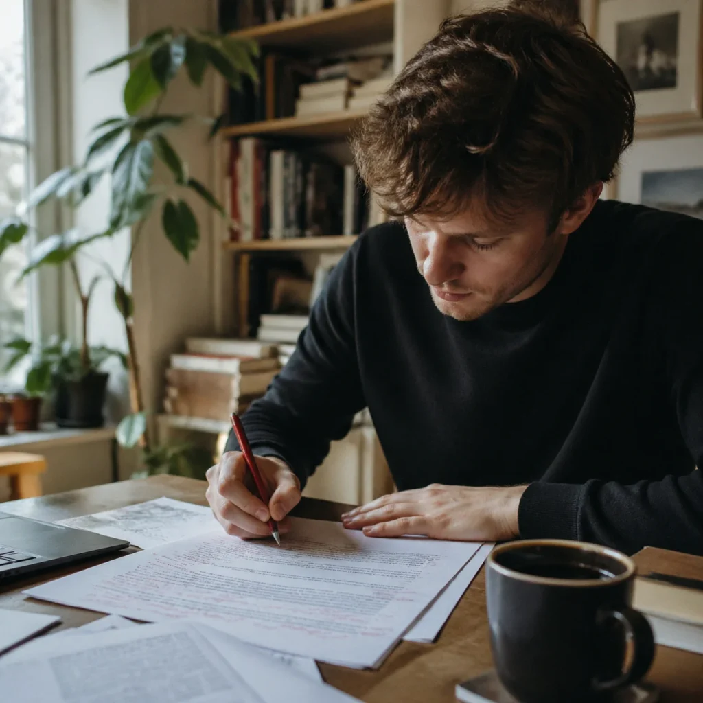 Person reviewing printed credit report and marking errors with a red pen on a wooden table