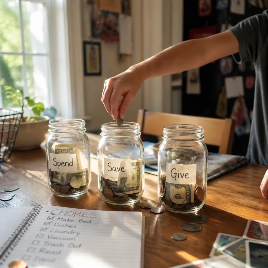 Child placing a coin into a glass savings jar labeled Save on a wooden kitchen table