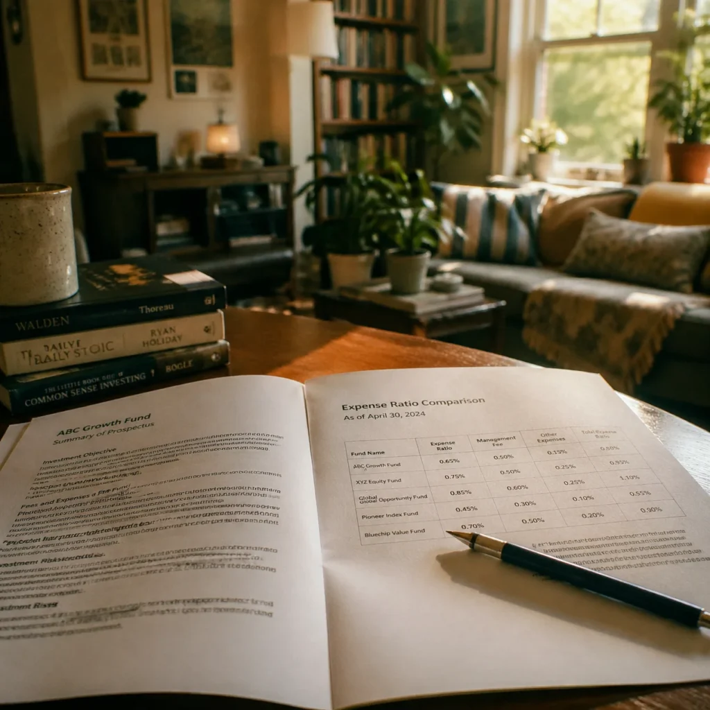 Mutual fund prospectus and expense ratio comparison sheet on a wooden desk with natural light