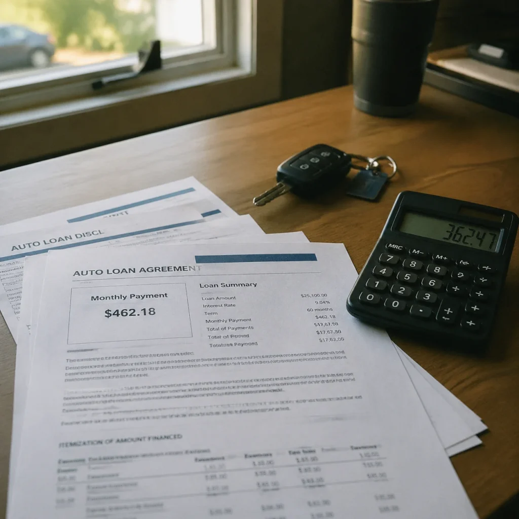 Auto loan refinancing documents on desk with car keys and calculator showing savings