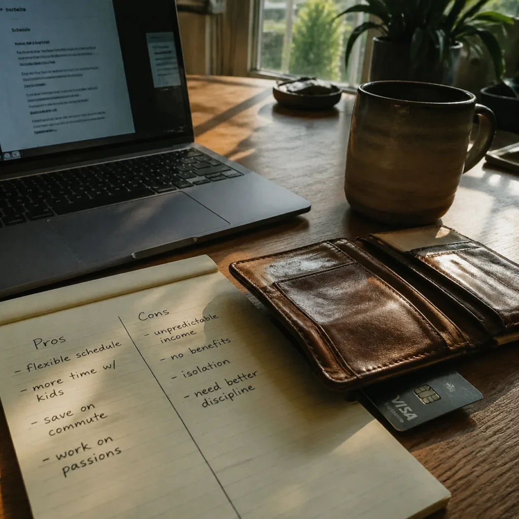 Open wallet with credit card and handwritten decision notes on a wooden table