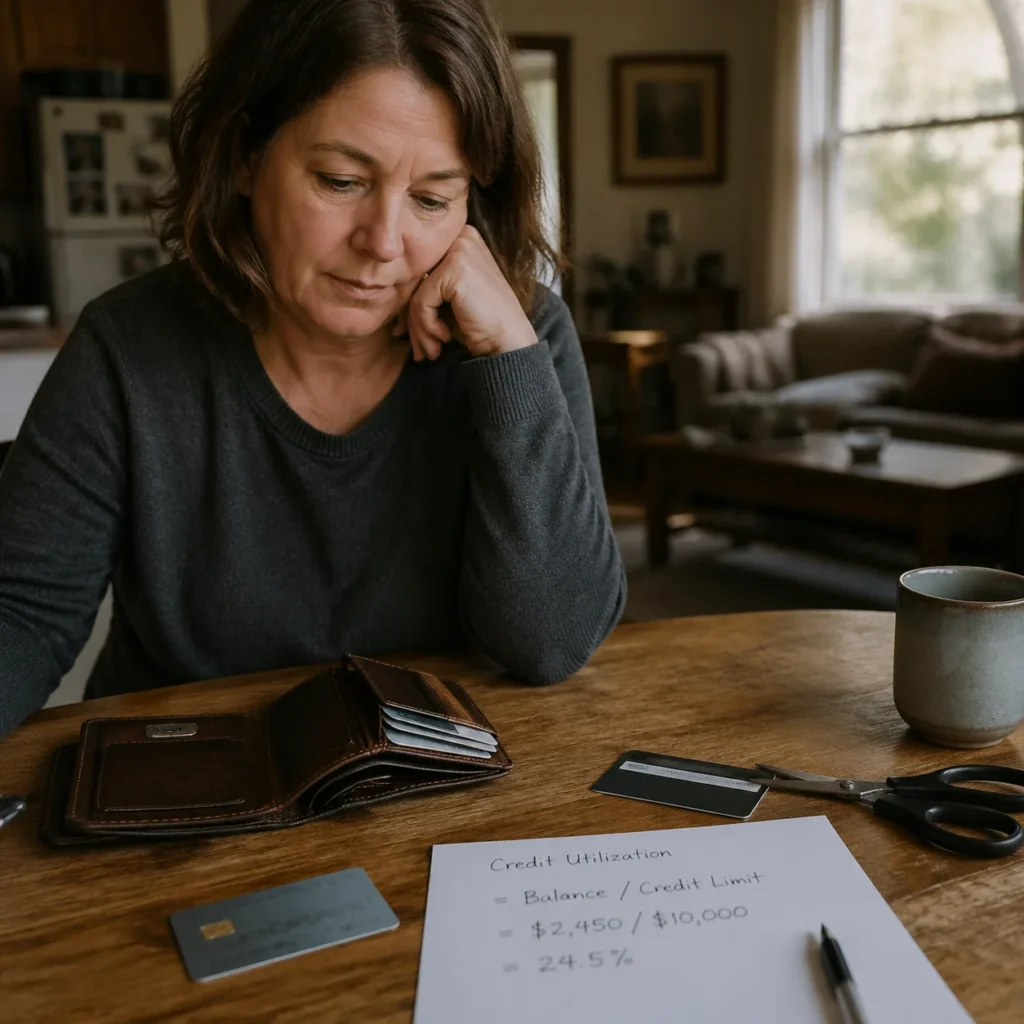 Open leather wallet on desk with credit cards and scissors beside a handwritten credit utilization calculation note