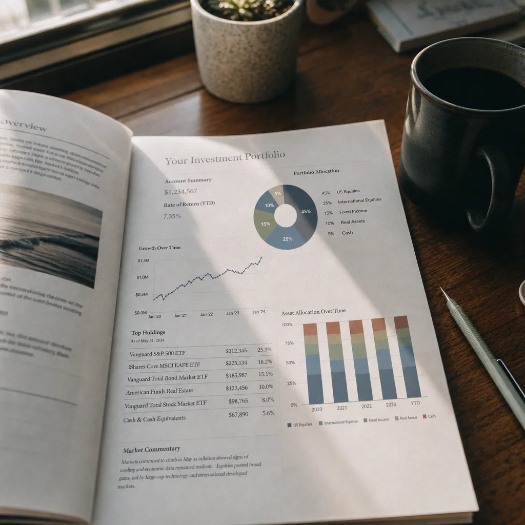 Printed investment portfolio dashboard on wooden desk with allocation charts and a pencil in natural light
