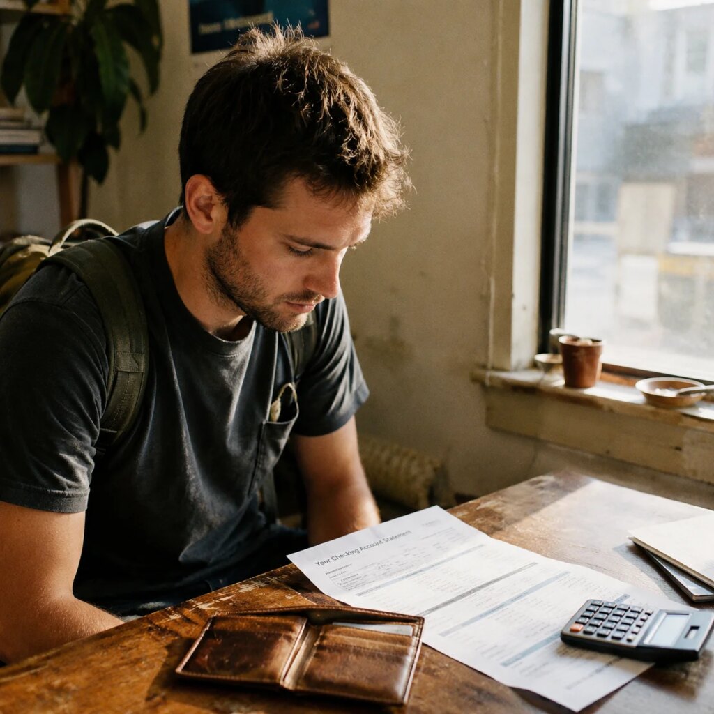 Open leather wallet with bank statement and calculator on wooden desk under natural morning light