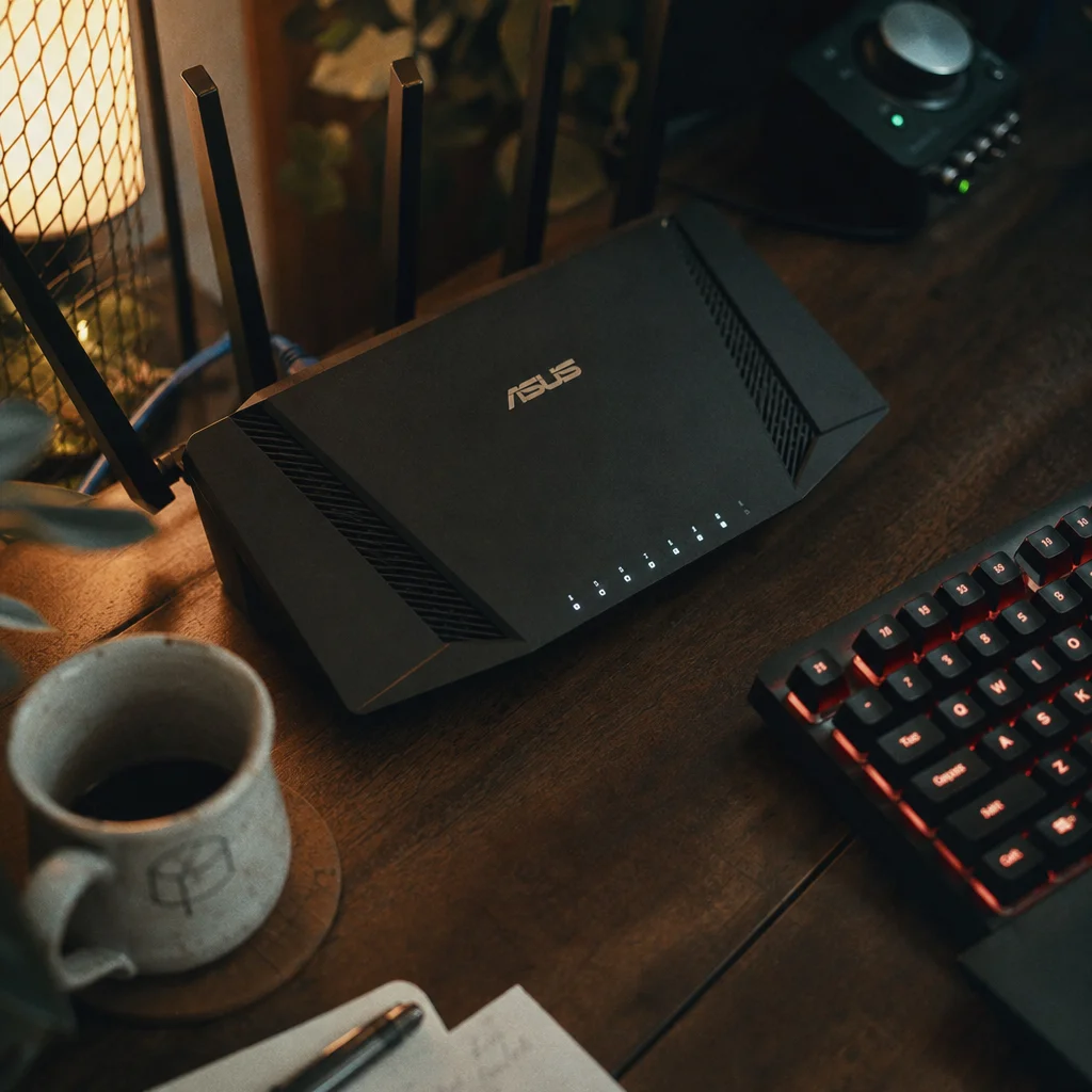 Ethernet cable connected to a gaming router on a dark wooden desk with soft ambient lighting