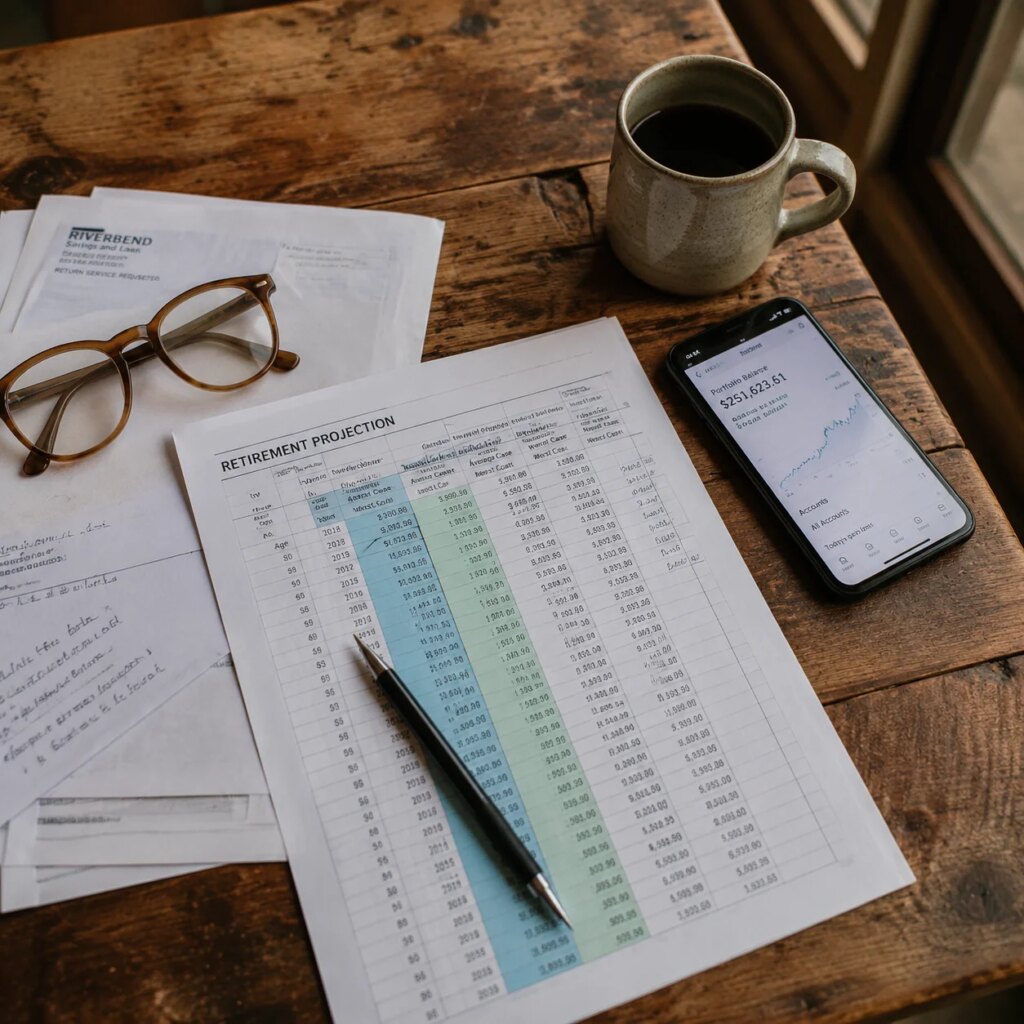 Retirement projection spreadsheet and smartphone portfolio app on a wooden desk in morning light