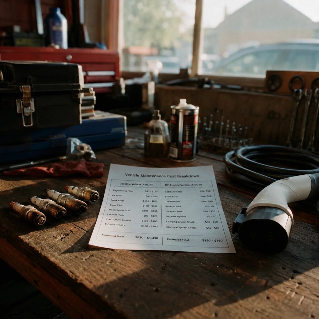 Mechanic workbench comparing EV charge cable and gas car spark plugs with cost breakdown sheet