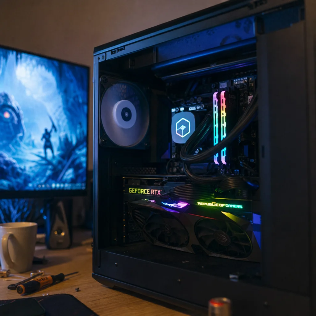 Open gaming PC tower on a desk with GPU visible and a stuttering game frame frozen on the monitor behind it