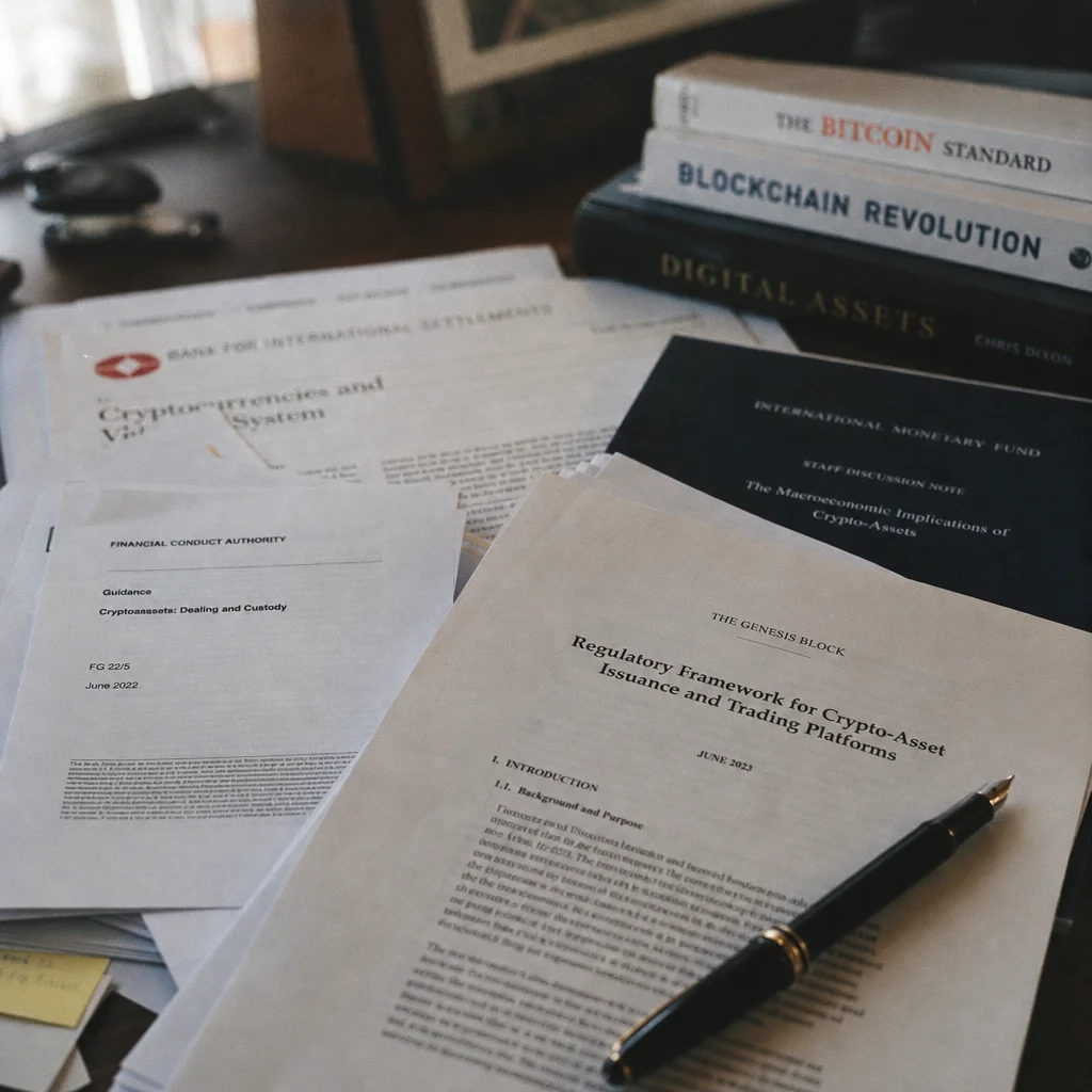 Printed global digital asset regulation documents and legal frameworks spread on a wooden desk with a fountain pen