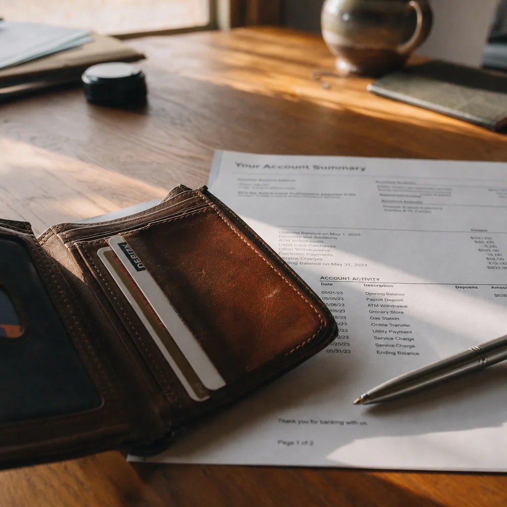 Open leather wallet beside a printed bank statement on a wooden desk, representing personal finance decisions in the age of AI