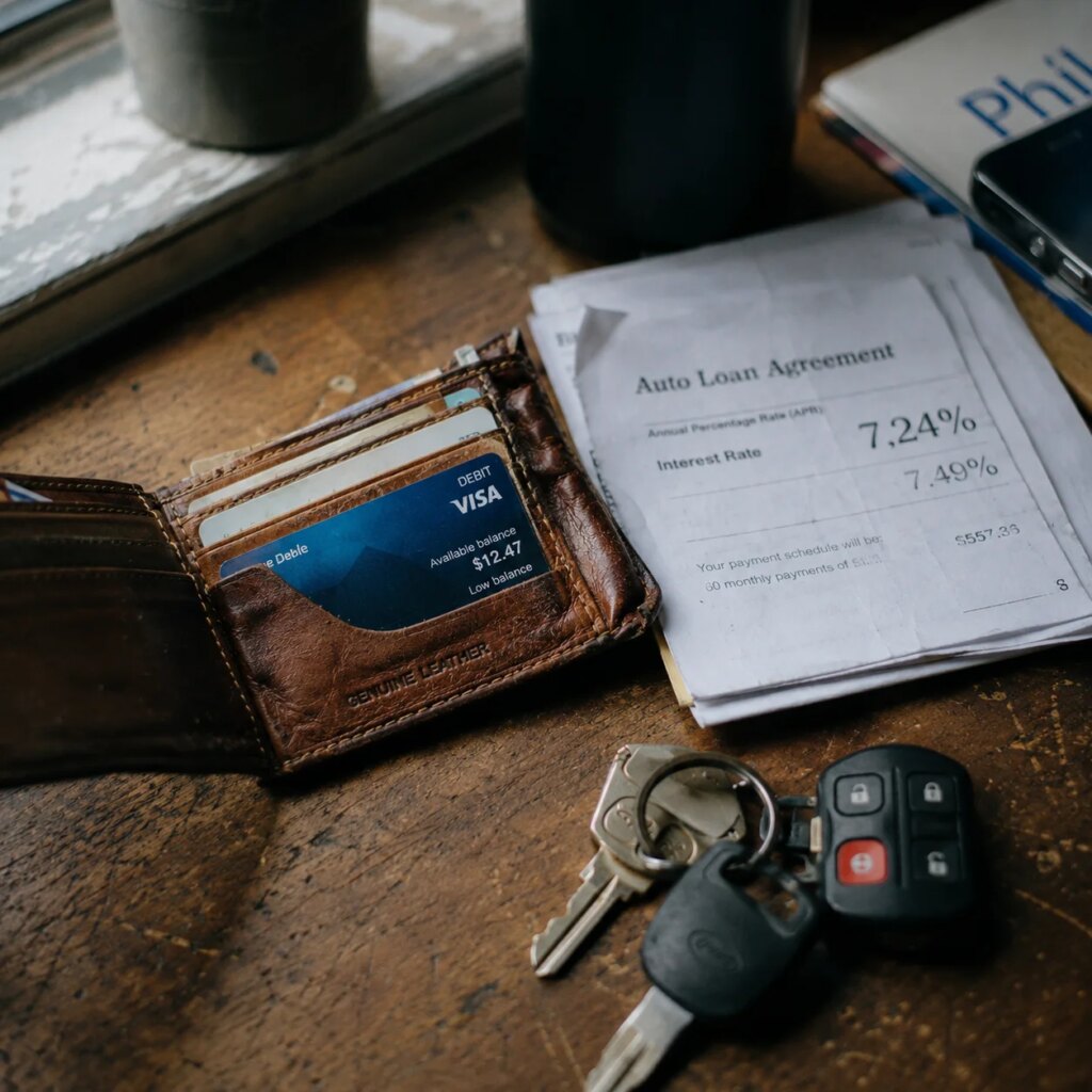 Open wallet with car loan document and used car keys on wooden desk, illustrating bad credit car buying process