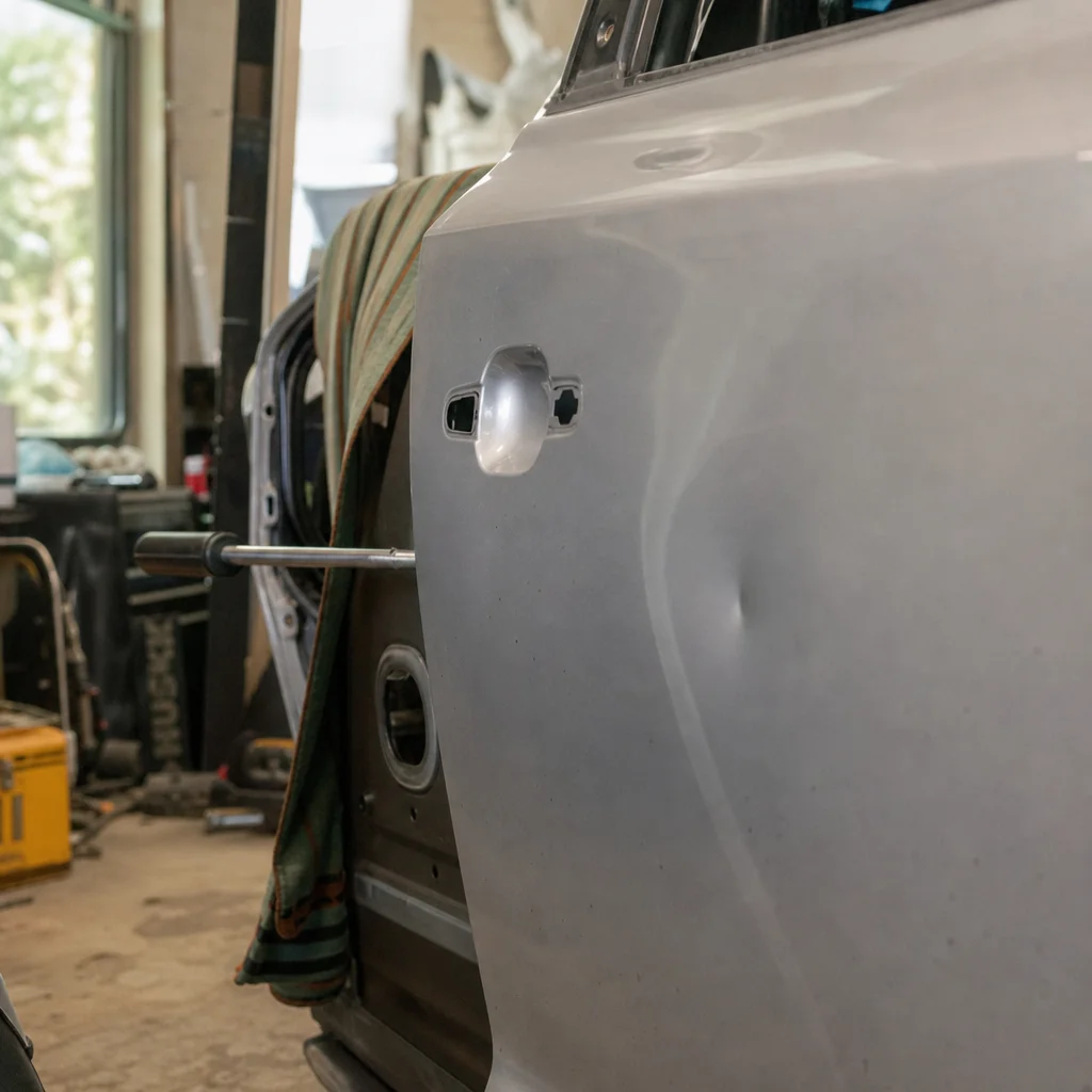 Close-up of a small dent on a silver car door panel with a PDR repair rod inserted through the door frame