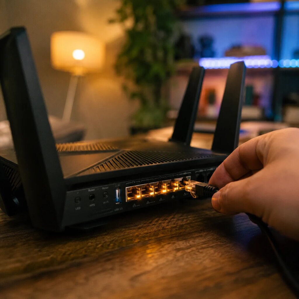 Gaming router with Ethernet cable being plugged in to reduce ping in online games