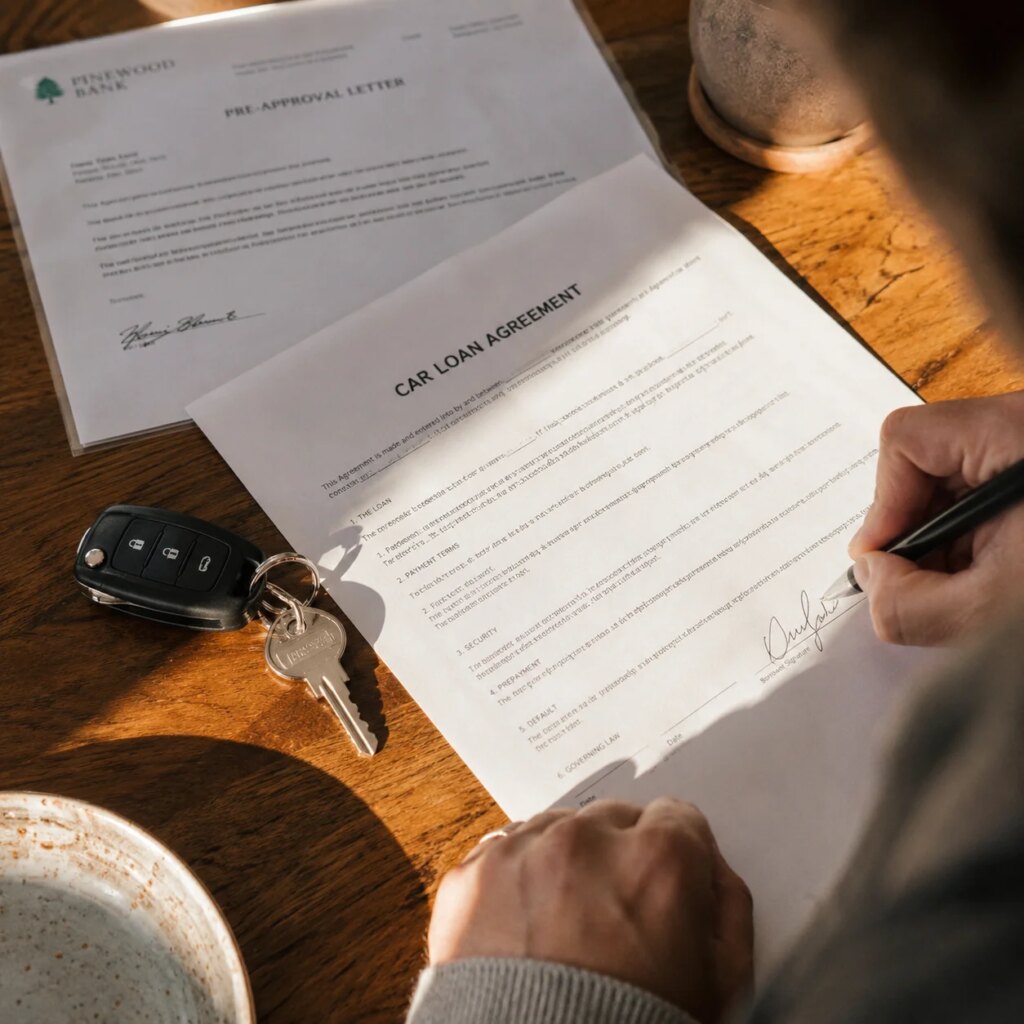 Car loan contract on desk with car keys and pre-approval letter for auto loan negotiation