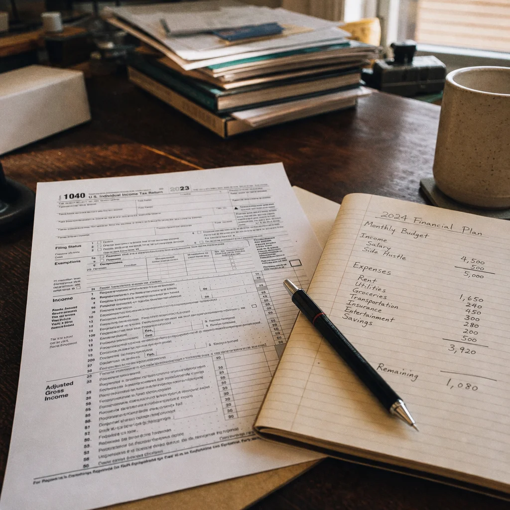 Tax return document and financial planning notebook on a desk with warm natural light