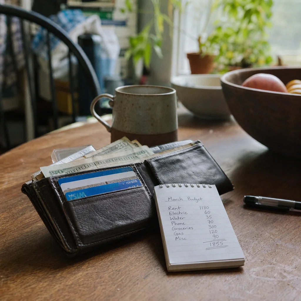 Open wallet with cash, credit card, and handwritten budget notepad on a wooden table in morning light