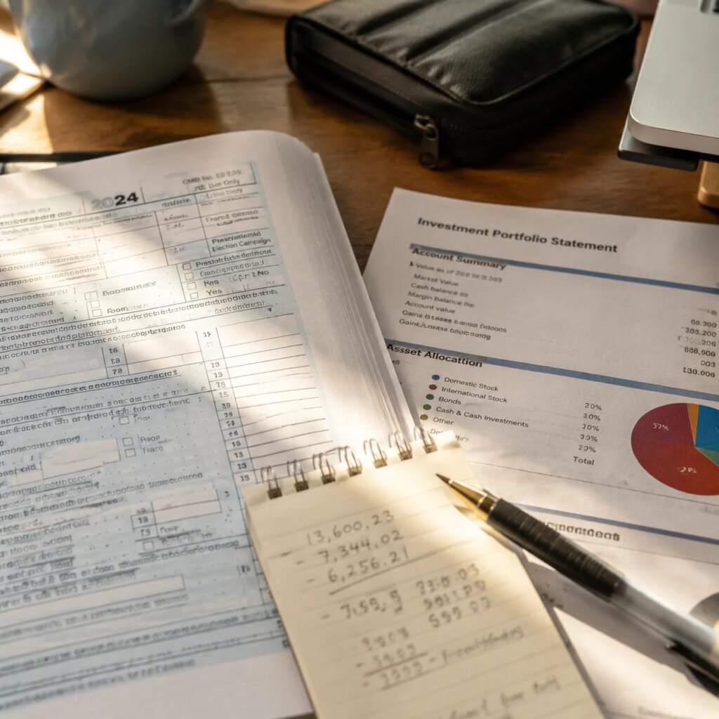 Tax return document and investment portfolio statement on a desk with handwritten financial notes