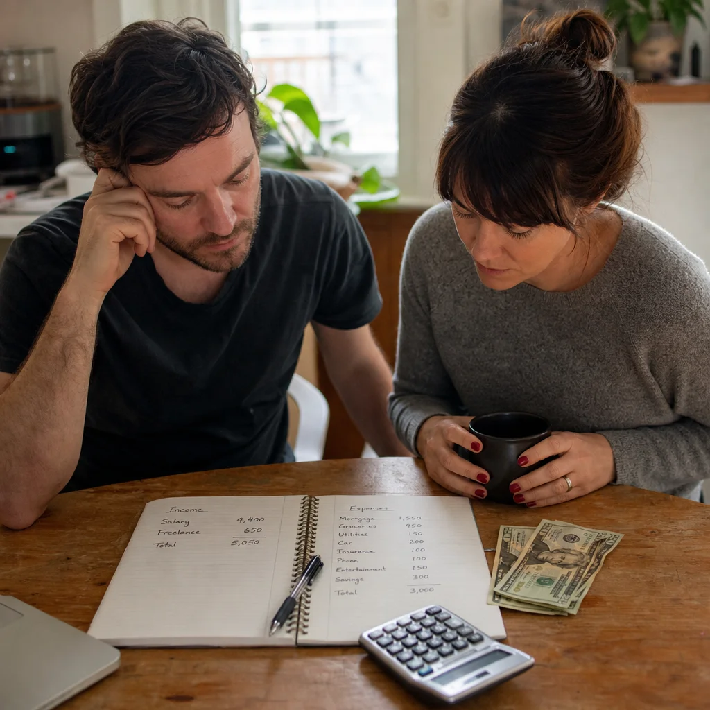 Open personal budget notebook with handwritten expenses, calculator, and dollar bills on a wooden desk in morning light