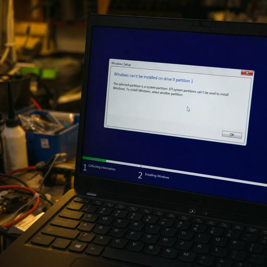 Laptop screen showing a system partition locked error during Windows formatting setup