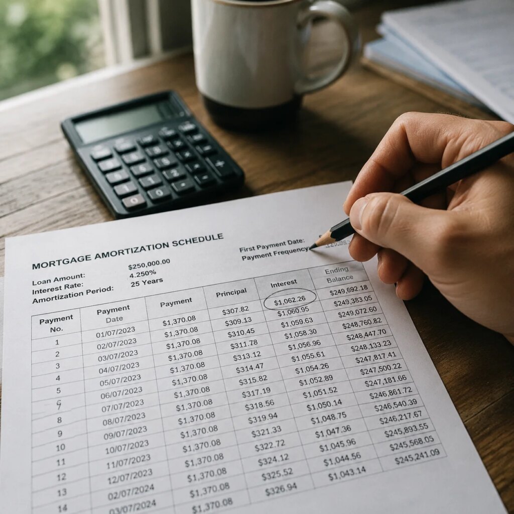 Printed loan amortization schedule on a desk with a hand circling the interest column and a calculator nearby