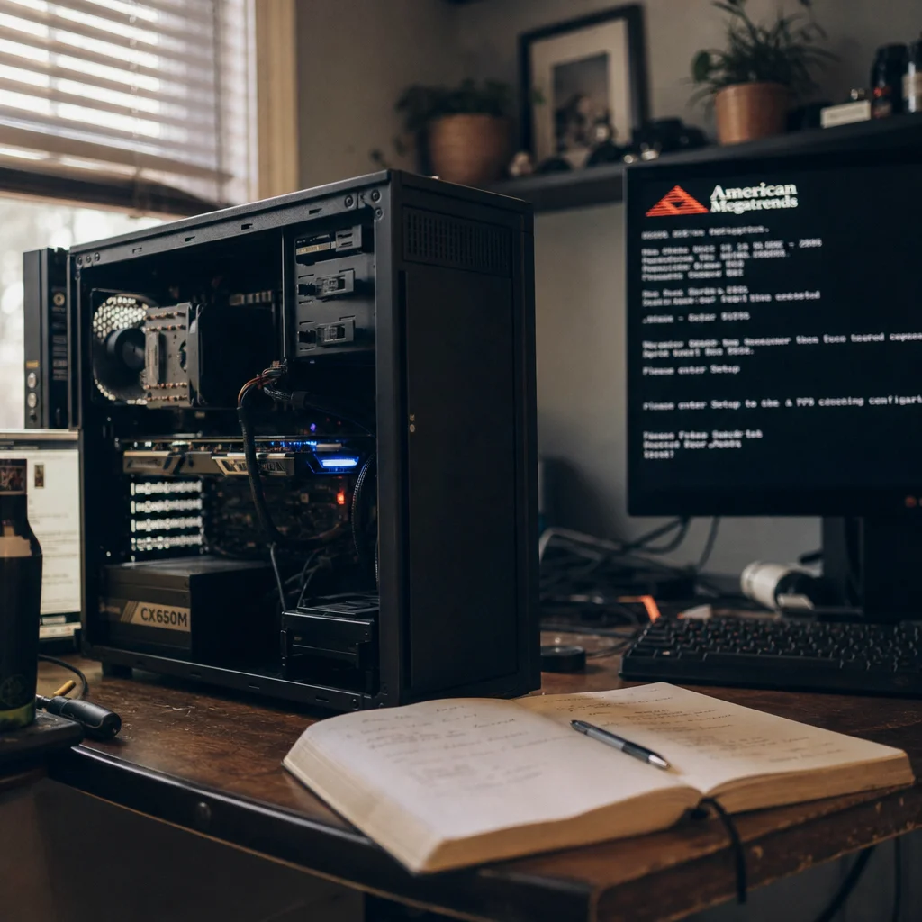 Open desktop PC tower on a workbench with BIOS screen visible on monitor in background